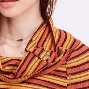 Free People NEW Striped Fitted Cowl Neck Knit Top Size XS Orange Boho